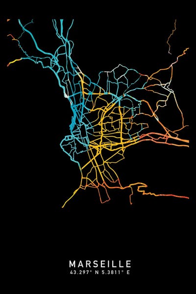Marseille, France, City Map, Shade Of Orange by WallDecorAddict metal wall art