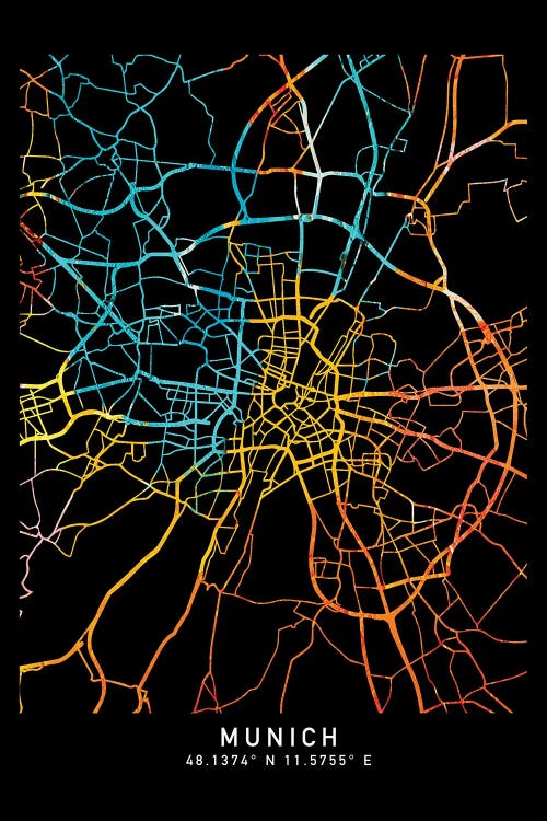 Munich, City Map, Shade Of Orange by WallDecorAddict wall art