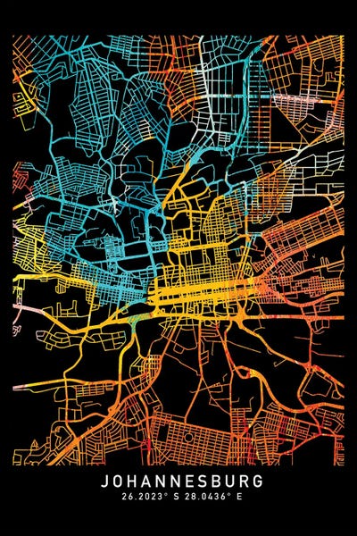 South Africa: Johannesburg City Map, Shade Of Orange by WallDecorAddict