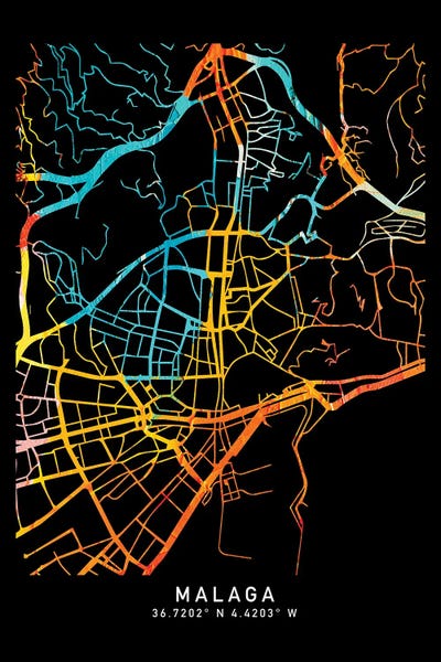 Andalusia: Malaga City Map, Shade Of Orange by WallDecorAddict