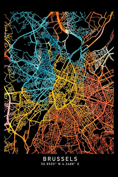 Neon: Brussels, Brussels Capital, Belgium City Map, Shade Of Orange by WallDecorAddict