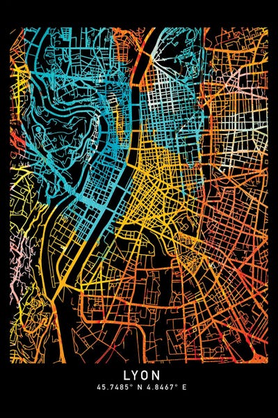 Auvergne-Rhône-Alpes: Lyon, France City Map, Shade Of Orange by WallDecorAddict
