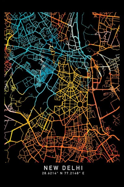 Neon: New Delhi, India City Map, Shade Of Orange by WallDecorAddict