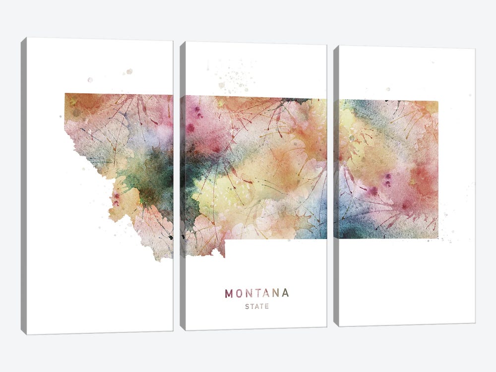 Montana Watercolor State Map by WallDecorAddict 3-piece Canvas Artwork