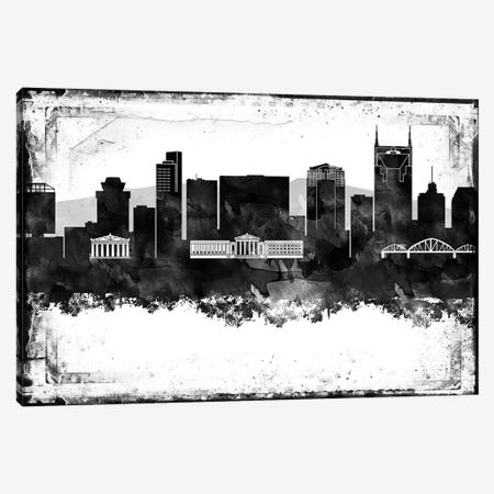 Nashville Black And White Framed Skylines Canvas Print #WDA291} by WallDecorAddict Canvas Wall Art