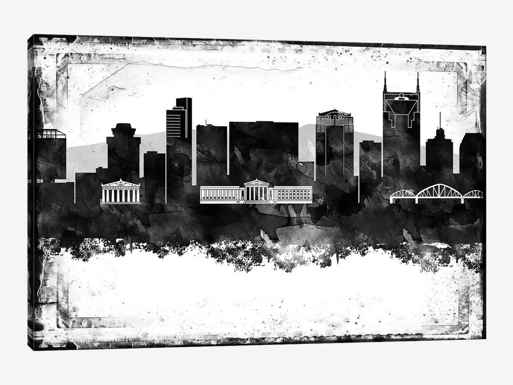Nashville Black And White Framed Skylines by WallDecorAddict 1-piece Canvas Wall Art