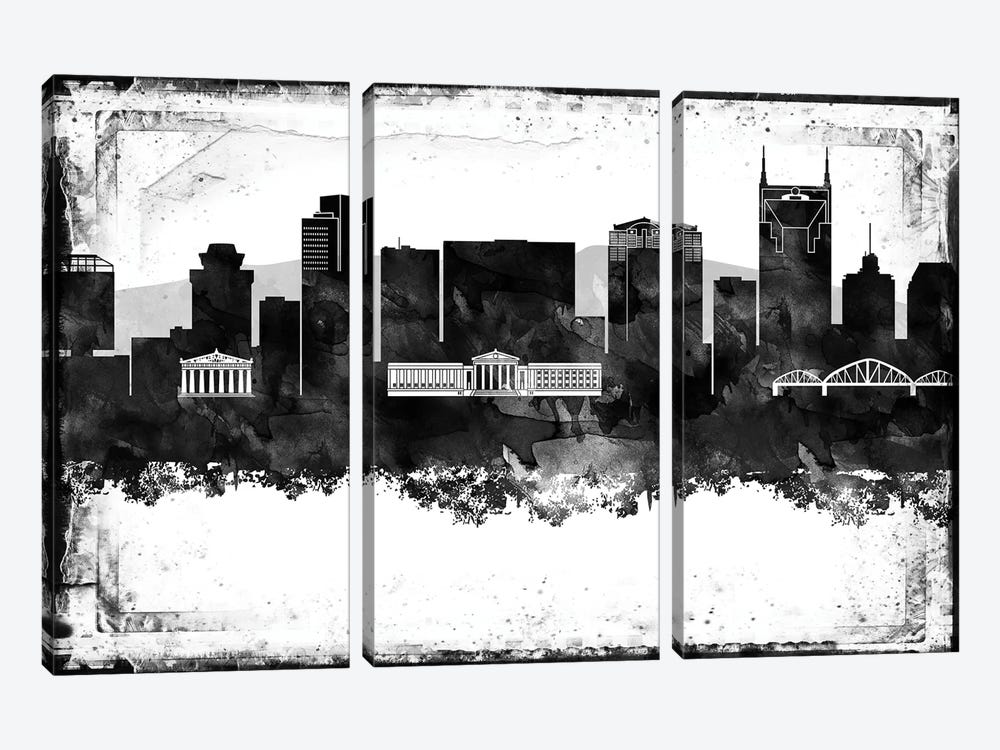 Nashville Black And White Framed Skylines by WallDecorAddict 3-piece Canvas Artwork