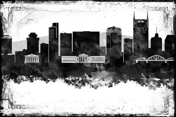 Black & White Digital Art: Nashville Black And White Framed Skylines by WallDecorAddict