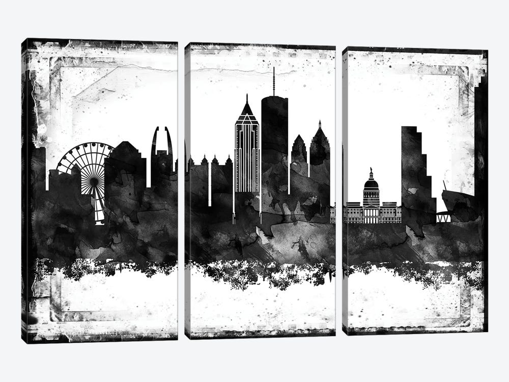 Atlanta Black And White Framed Skylines by WallDecorAddict 3-piece Canvas Artwork