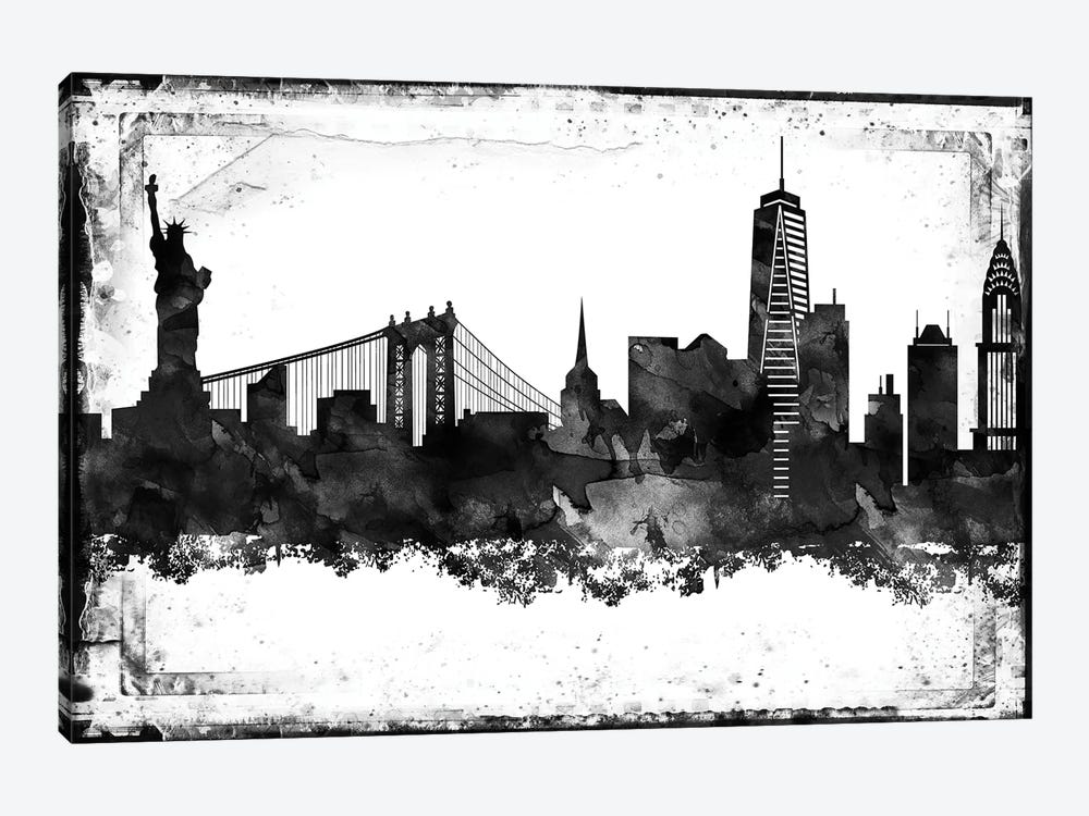 New York Black And White Framed Skylines by WallDecorAddict 1-piece Canvas Print