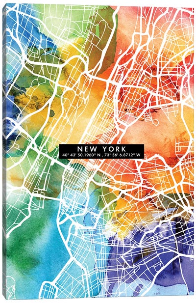New York City Map Colorful Canvas Art Print - New York City Map