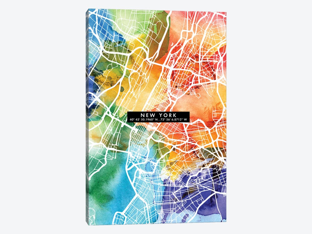 New York City Map Colorful by WallDecorAddict 1-piece Canvas Wall Art
