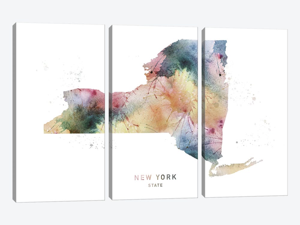 New York Watercolor State Map by WallDecorAddict 3-piece Canvas Wall Art