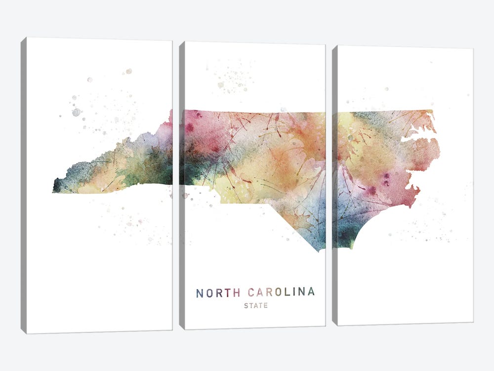 North Carolina Watercolor State Map by WallDecorAddict 3-piece Canvas Art Print