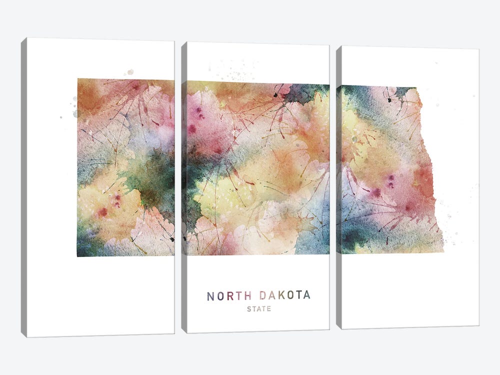 North Dakota Watercolor State Map by WallDecorAddict 3-piece Canvas Print