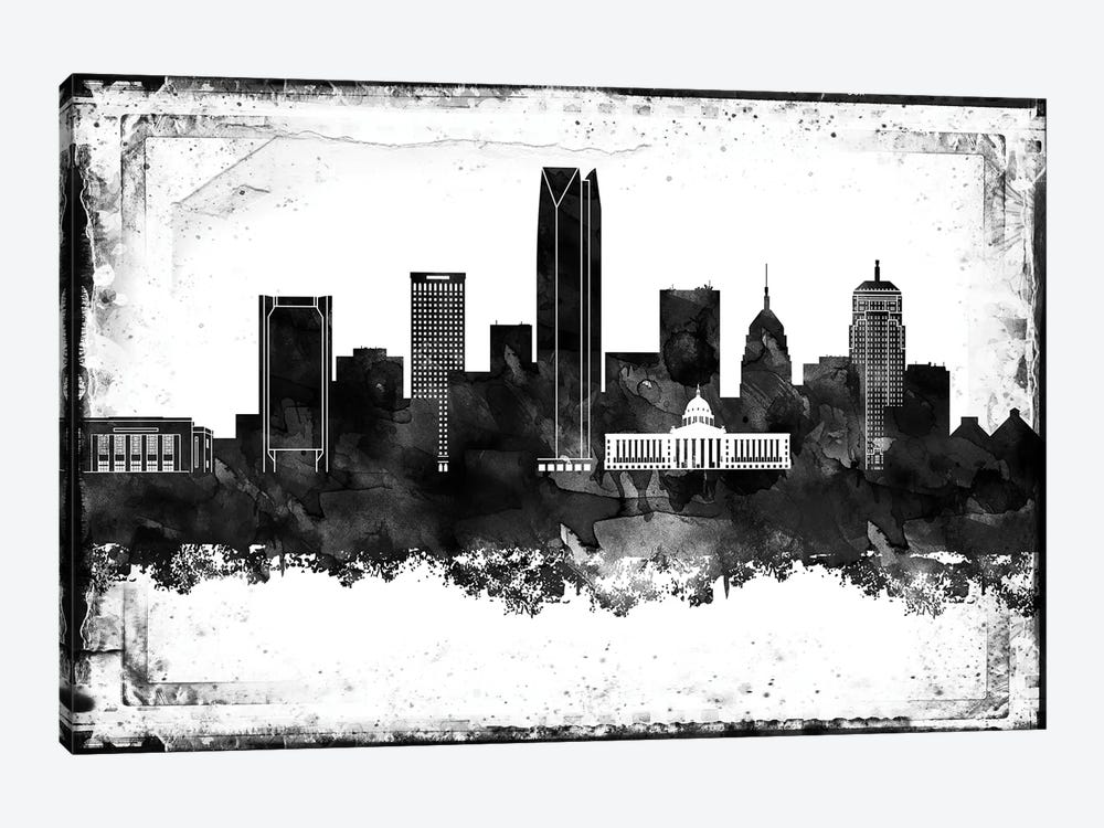 Oklahoma Black And White Framed Skylines by WallDecorAddict 1-piece Canvas Wall Art
