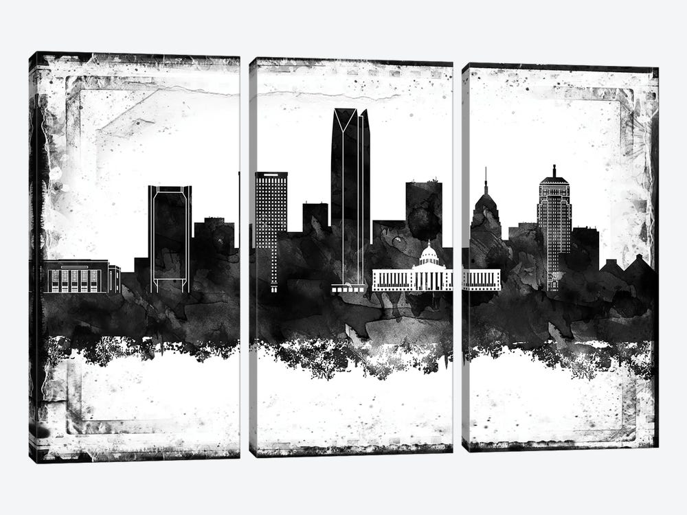 Oklahoma Black And White Framed Skylines by WallDecorAddict 3-piece Canvas Wall Art