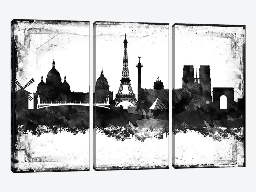 Paris Black And White Framed Skylines by WallDecorAddict 3-piece Canvas Wall Art