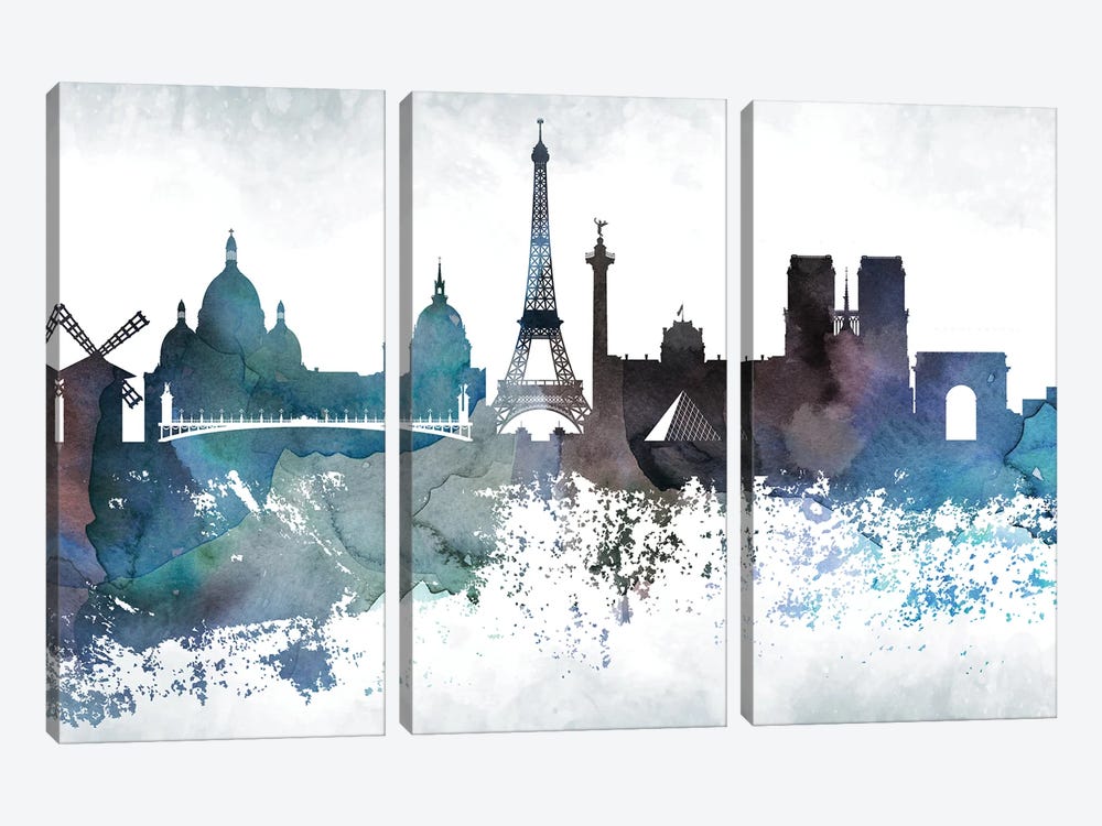 Paris Bluish Skylines by WallDecorAddict 3-piece Canvas Art Print