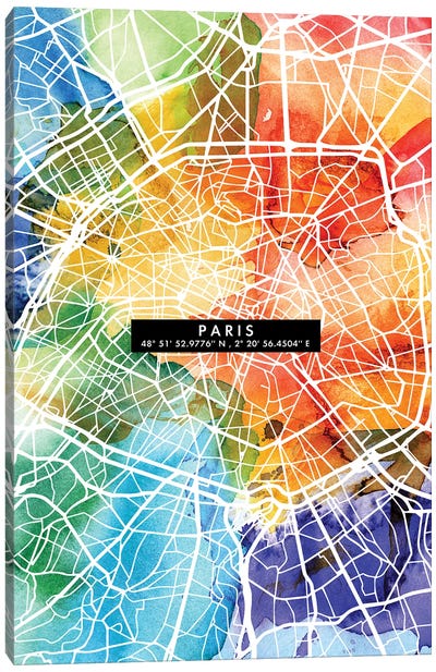 Paris City Map Colorful Canvas Art Print - Paris Maps