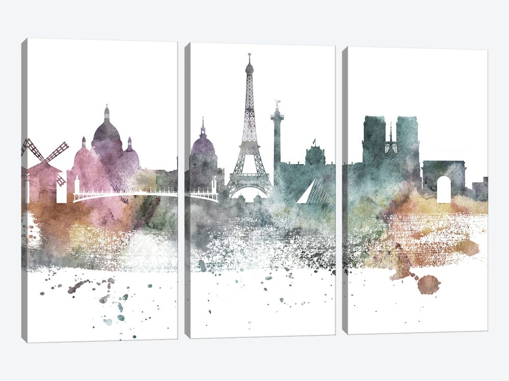 Paris Pastel Skylines by WallDecorAddict 3-piece Canvas Wall Art