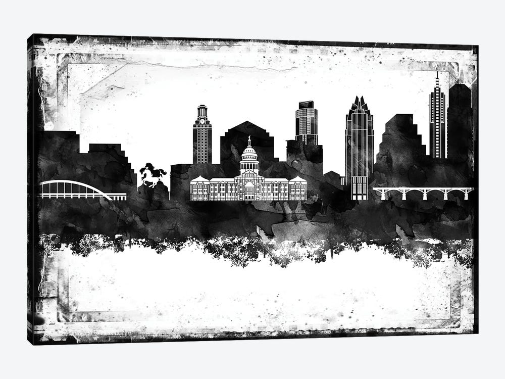 Austin Black And White Framed Skylines by WallDecorAddict 1-piece Canvas Art Print