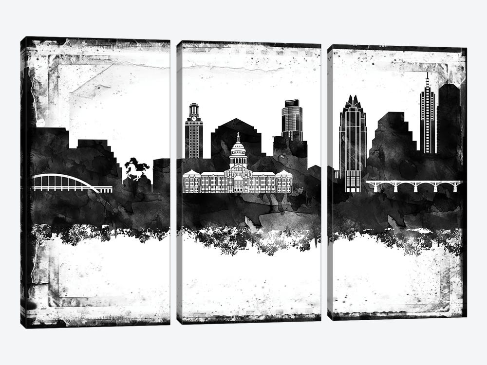 Austin Black And White Framed Skylines by WallDecorAddict 3-piece Canvas Art Print