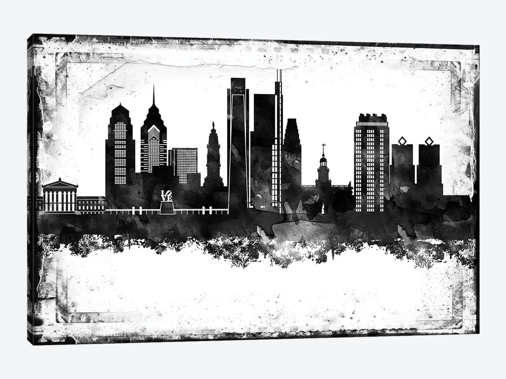 Philadelphia Black And White Framed Skylines by WallDecorAddict 1-piece Canvas Wall Art