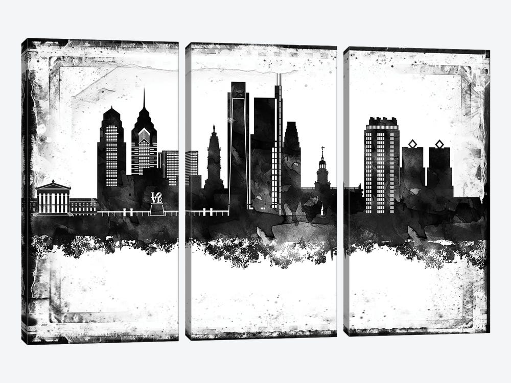 Philadelphia Black And White Framed Skylines by WallDecorAddict 3-piece Canvas Wall Art