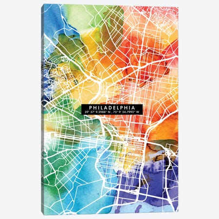 Philadelphia City Map Colorful Canvas Print #WDA386} by WallDecorAddict Canvas Art Print