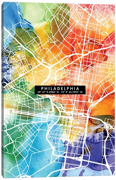 Philadelphia City Map Colorful Canvas Art Print - Philadelphia Art