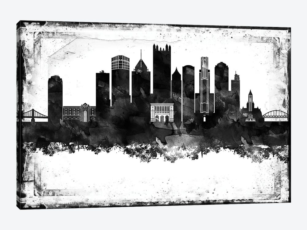 Pittsburgh Black And White Framed Skylines by WallDecorAddict 1-piece Canvas Artwork