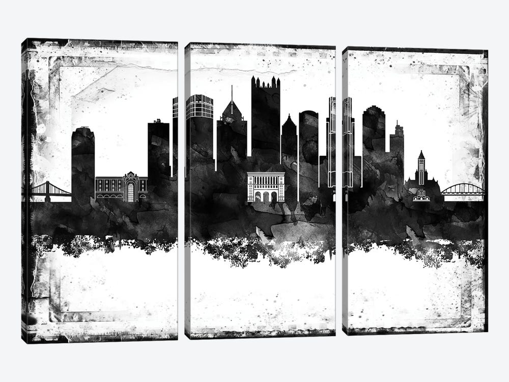 Pittsburgh Black And White Framed Skylines by WallDecorAddict 3-piece Canvas Art