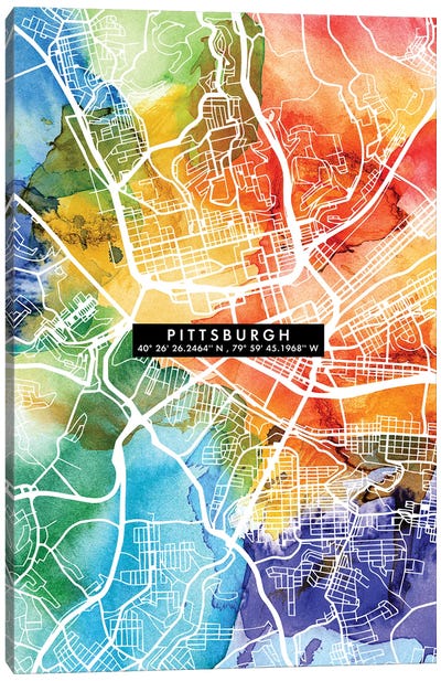 Pittsburgh City Map Colorful Canvas Art Print - WallDecorAddict