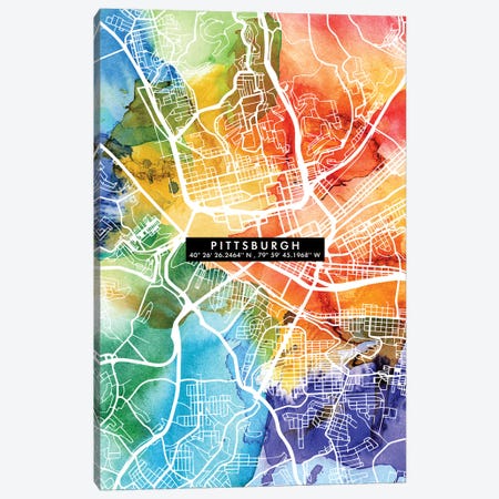 Pittsburgh City Map Colorful Canvas Print #WDA399} by WallDecorAddict Canvas Art Print