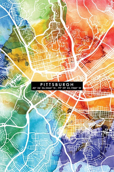 Pittsburgh Maps: Pittsburgh City Map Colorful by WallDecorAddict