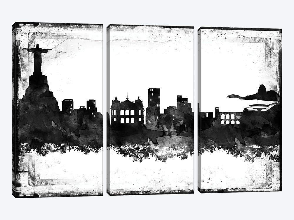 Rio Black And White Framed Skylines by WallDecorAddict 3-piece Canvas Print