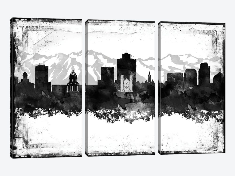 Salt Lake City Black And White Framed Skylines by WallDecorAddict 3-piece Canvas Art