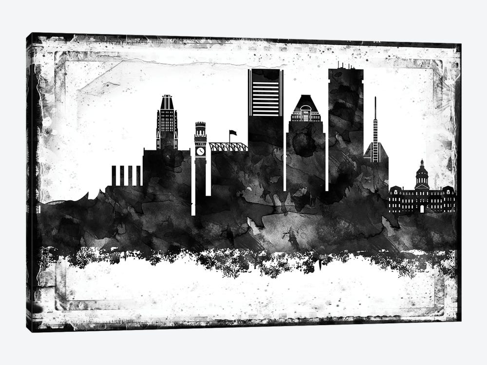 Baltimore Black And White Framed Skylines by WallDecorAddict 1-piece Art Print