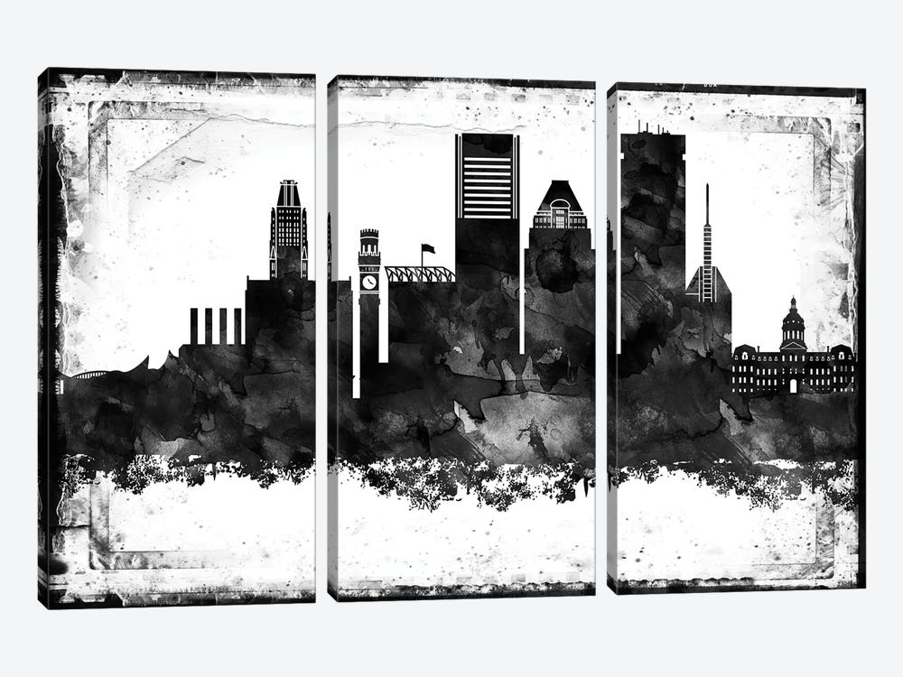 Baltimore Black And White Framed Skylines by WallDecorAddict 3-piece Art Print