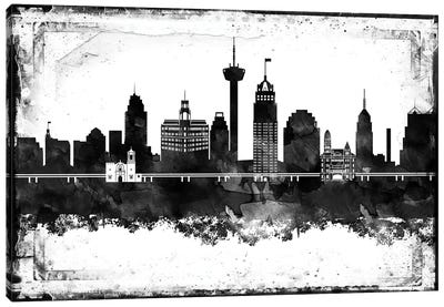 San Antonio Black And White Framed Skylines Canvas Art Print - WallDecorAddict