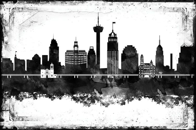 San Antonio Black And White Framed Skylines