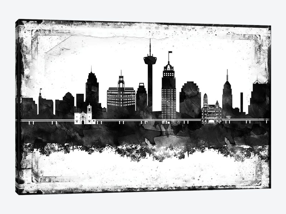 San Antonio Black And White Framed Skylines by WallDecorAddict 1-piece Canvas Print
