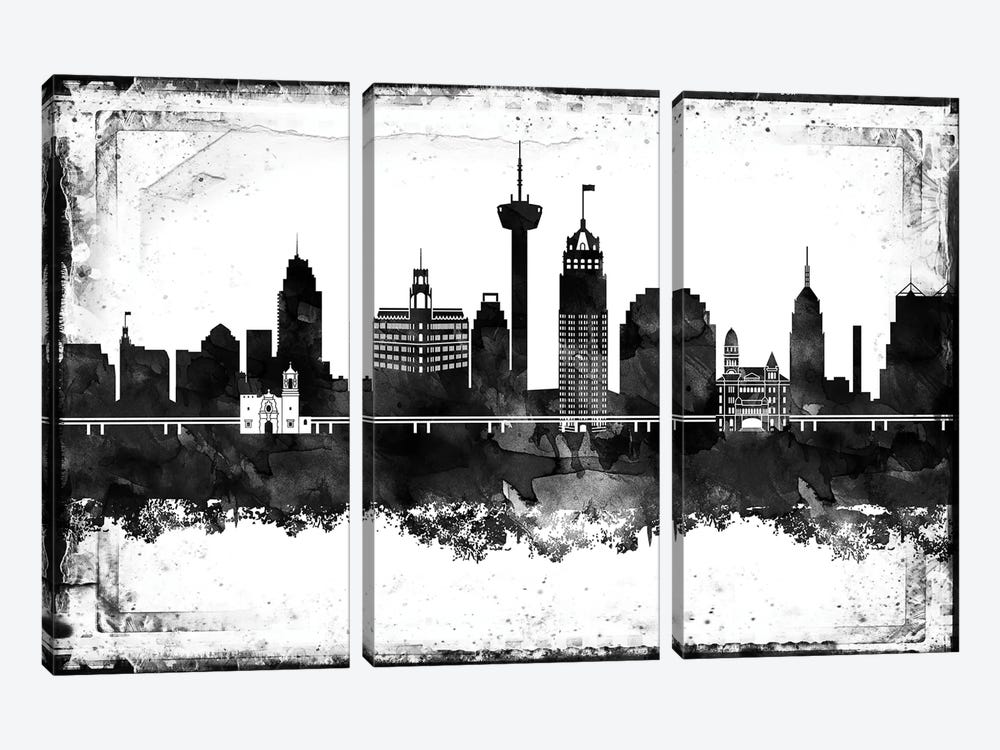 San Antonio Black And White Framed Skylines by WallDecorAddict 3-piece Canvas Art Print