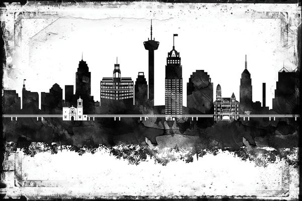 Black & White Digital Art: San Antonio Black And White Framed Skylines by WallDecorAddict