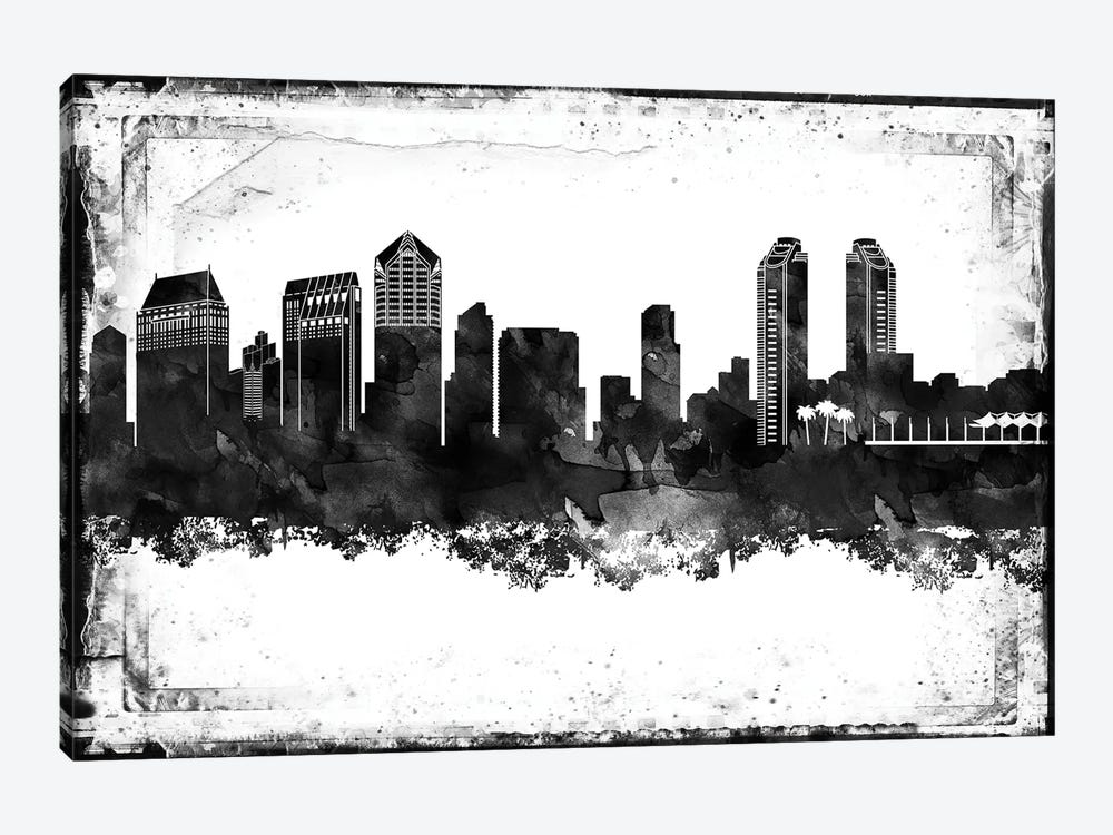 San Diego Black And White Framed Skylines by WallDecorAddict 1-piece Canvas Art Print