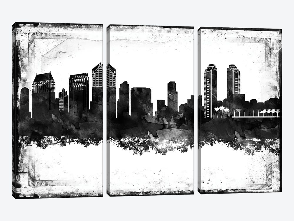 San Diego Black And White Framed Skylines by WallDecorAddict 3-piece Art Print