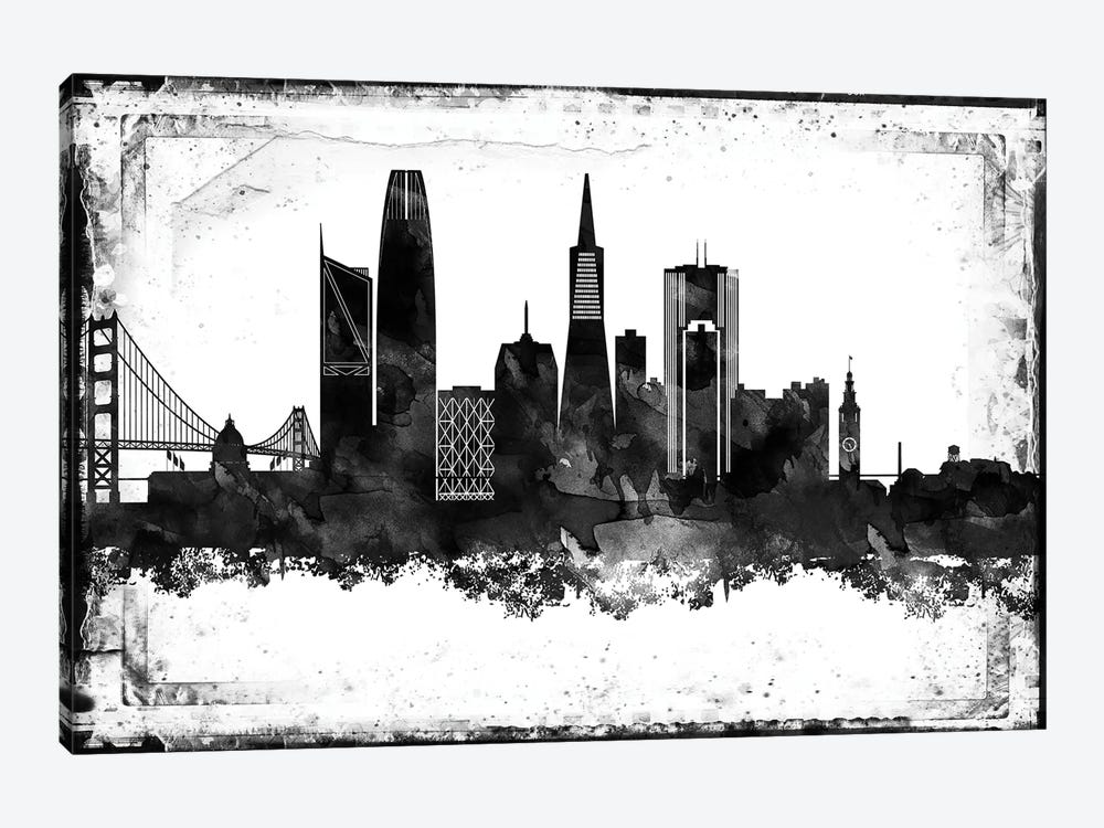 San Francisco Black And White Framed Skylines 1-piece Canvas Art