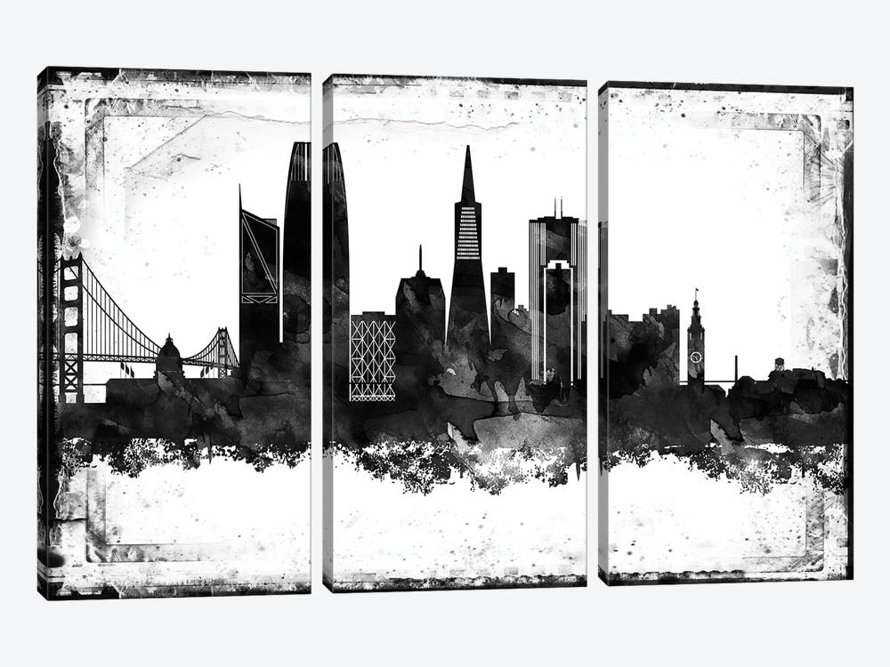 San Francisco Black And White Framed Skylines by WallDecorAddict 3-piece Canvas Wall Art