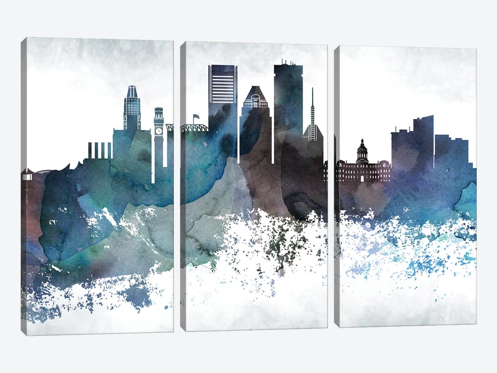 Baltimore Bluish Skylines by WallDecorAddict 3-piece Canvas Wall Art